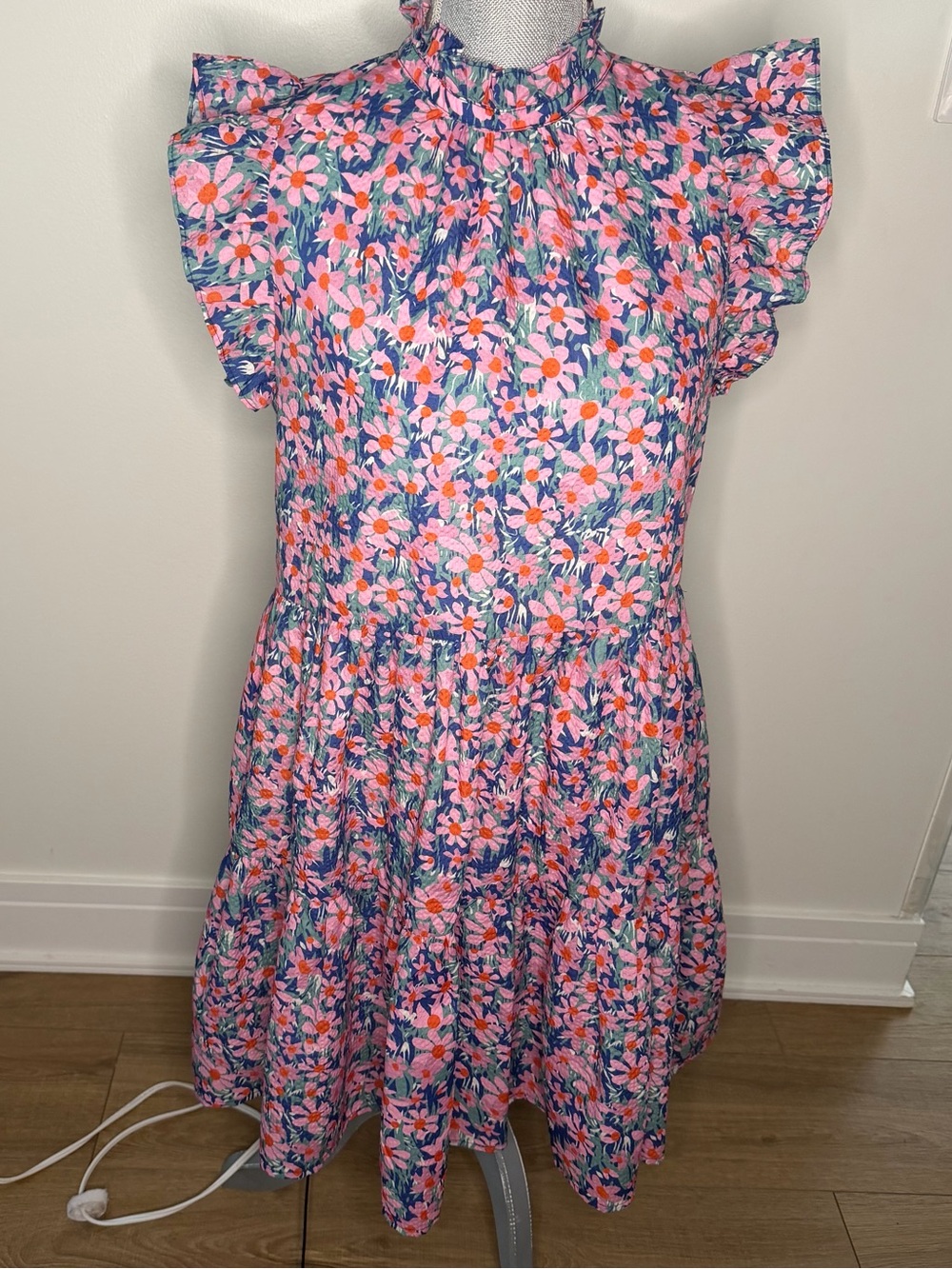 THML Pink Floral Ruffle-Sleeve Tiered Dress. S